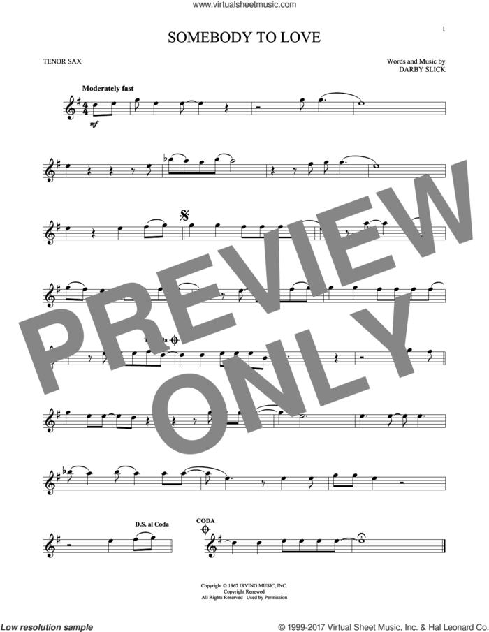 Somebody To Love sheet music for tenor saxophone solo by Jefferson Airplane and Darby Slick, intermediate skill level