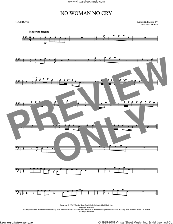 No Woman No Cry sheet music for trombone solo by Bob Marley and Vincent Ford, intermediate skill level