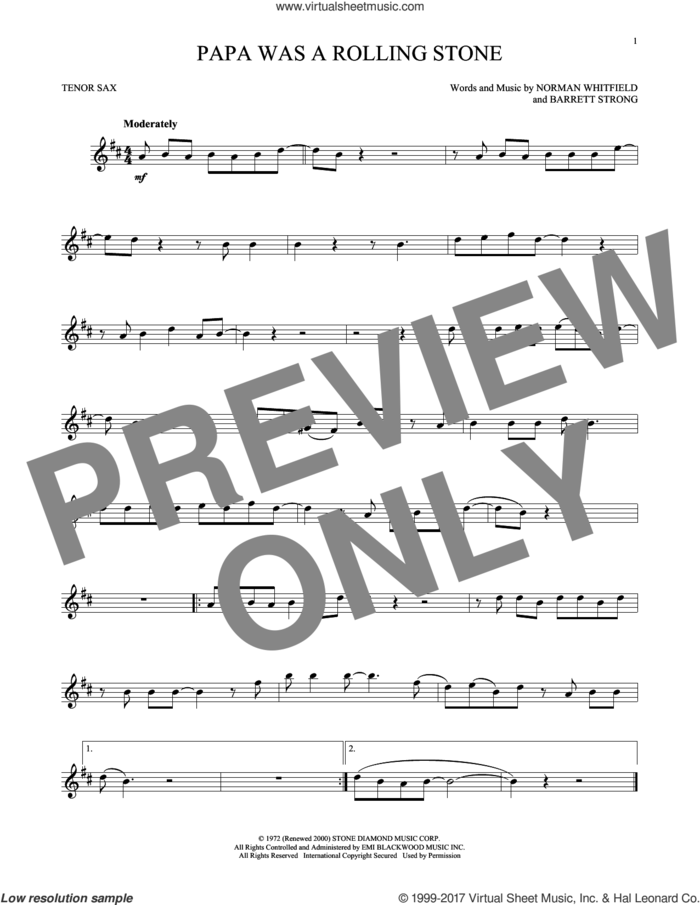 Papa Was A Rollin' Stone sheet music for tenor saxophone solo by The Temptations, Barrett Strong and Norman Whitfield, intermediate skill level