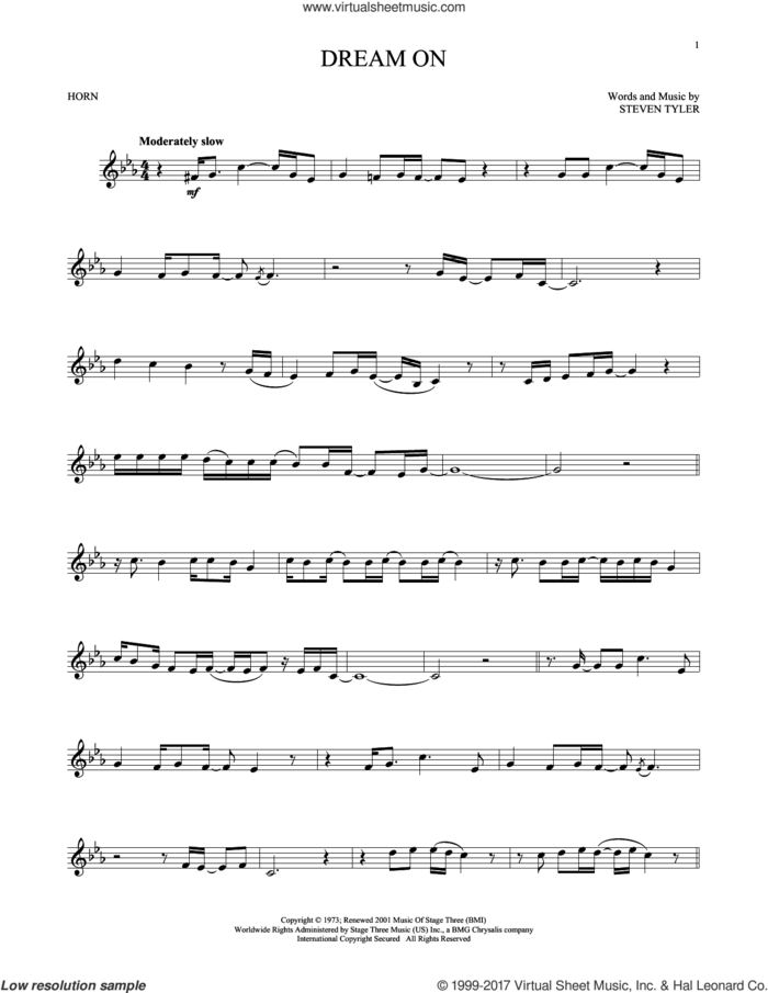 Dream On sheet music for horn solo by Aerosmith and Steven Tyler, intermediate skill level