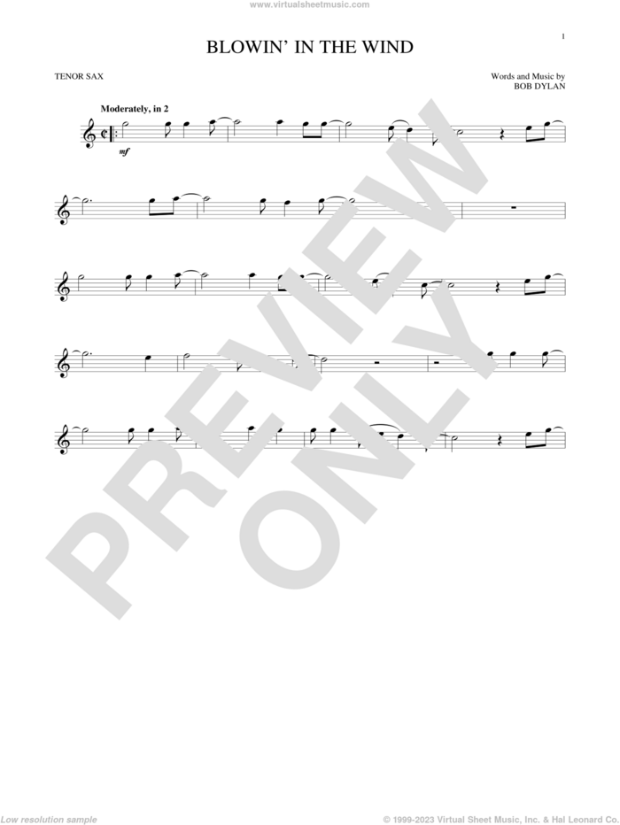 Blowin' In The Wind sheet music for tenor saxophone solo by Bob Dylan, intermediate skill level