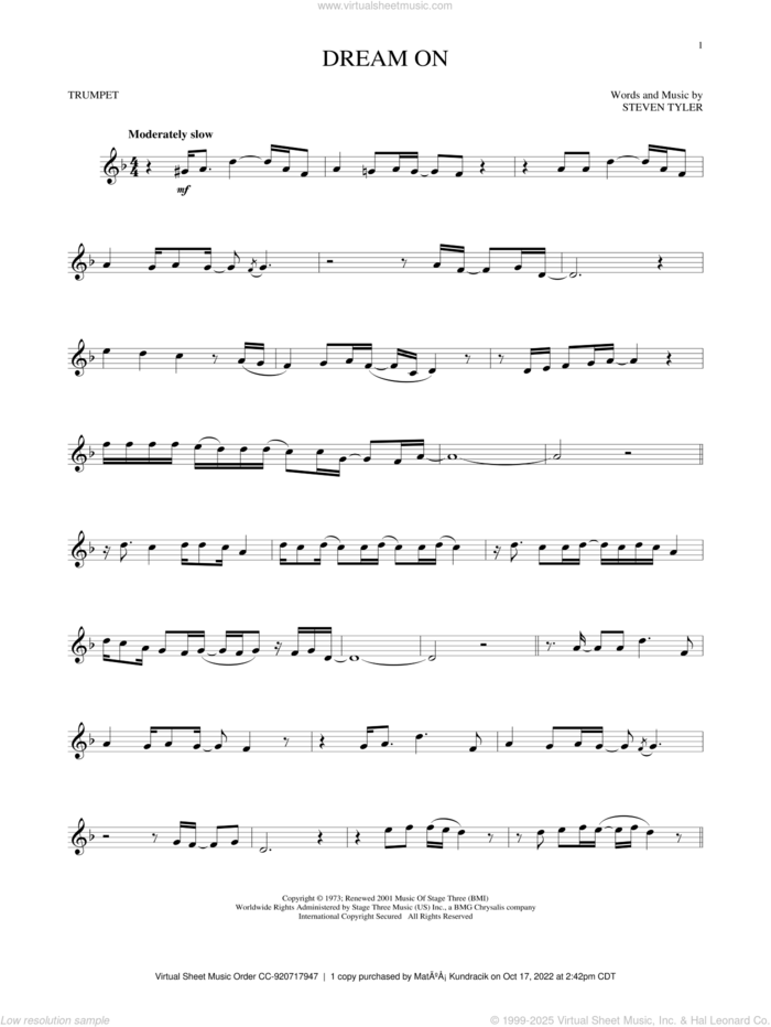 Dream On sheet music for trumpet solo by Aerosmith and Steven Tyler, intermediate skill level