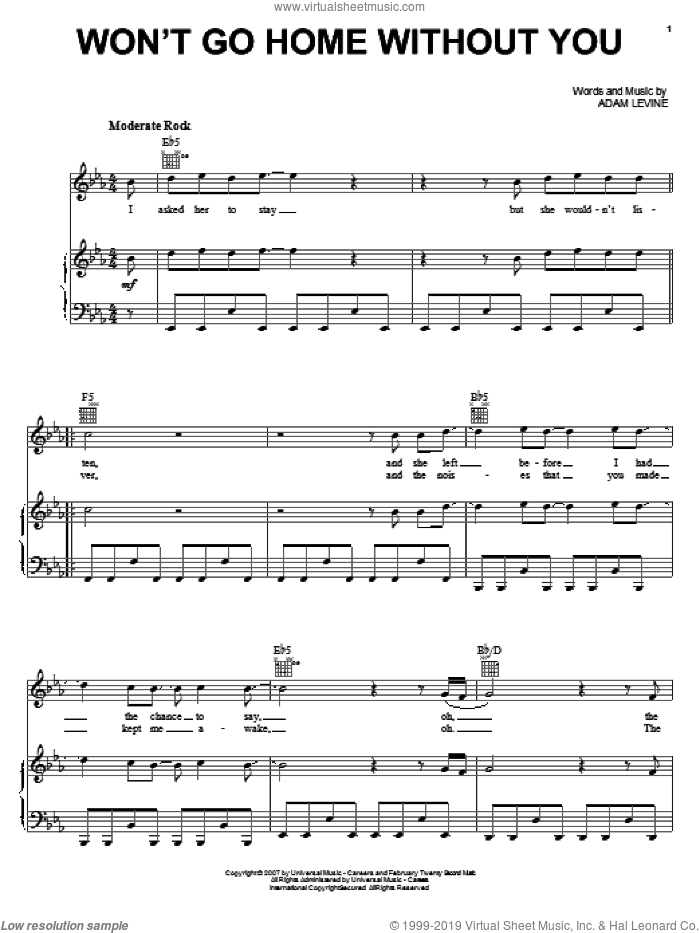 Won't Go Home Without You sheet music for voice, piano or guitar by Maroon 5 and Adam Levine, intermediate skill level