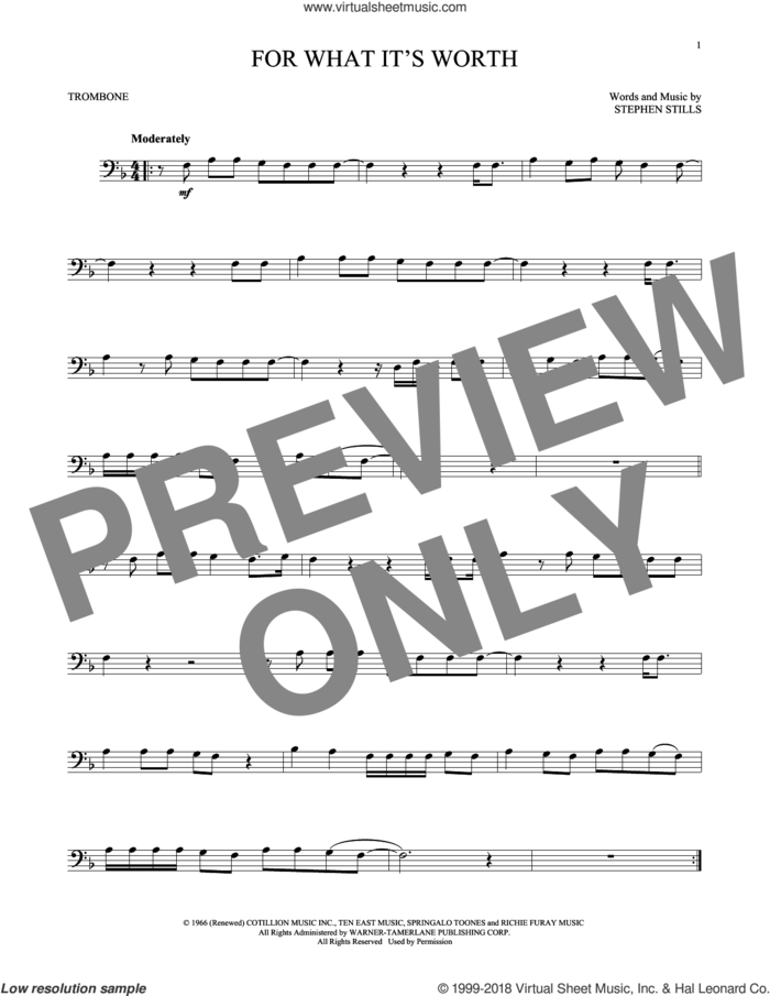 For What It's Worth sheet music for trombone solo by Buffalo Springfield and Stephen Stills, intermediate skill level