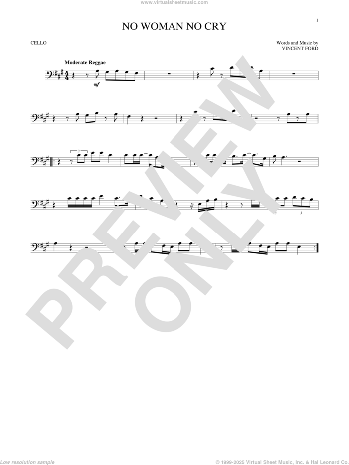 No Woman No Cry sheet music for cello solo by Bob Marley and Vincent Ford, intermediate skill level