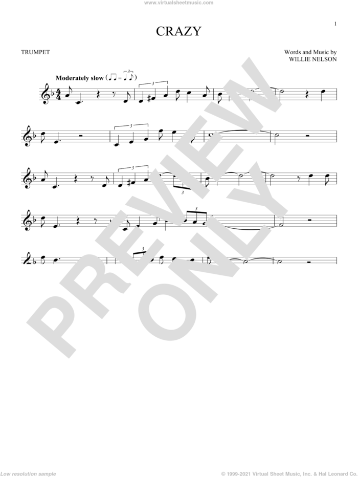 Crazy sheet music for trumpet solo by Willie Nelson and Patsy Cline, intermediate skill level