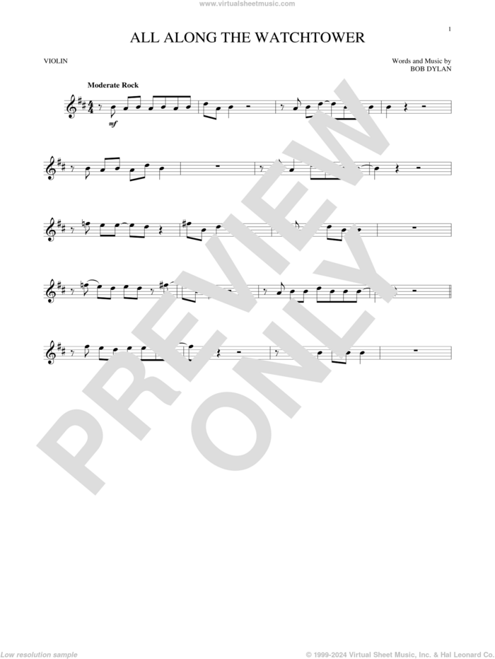 All Along The Watchtower sheet music for violin solo by Bob Dylan, intermediate skill level