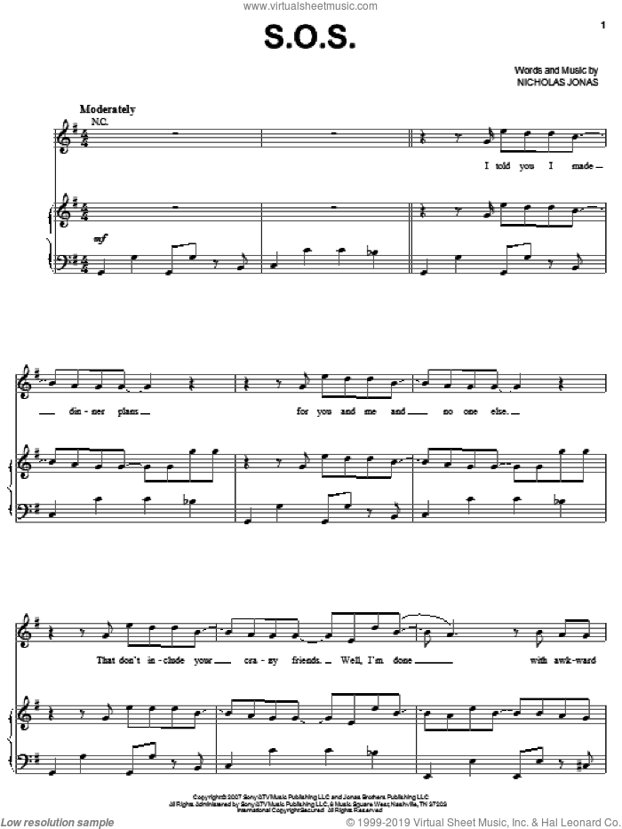 S.O.S. sheet music for voice, piano or guitar by Jonas Brothers and Nicholas Jonas, intermediate skill level