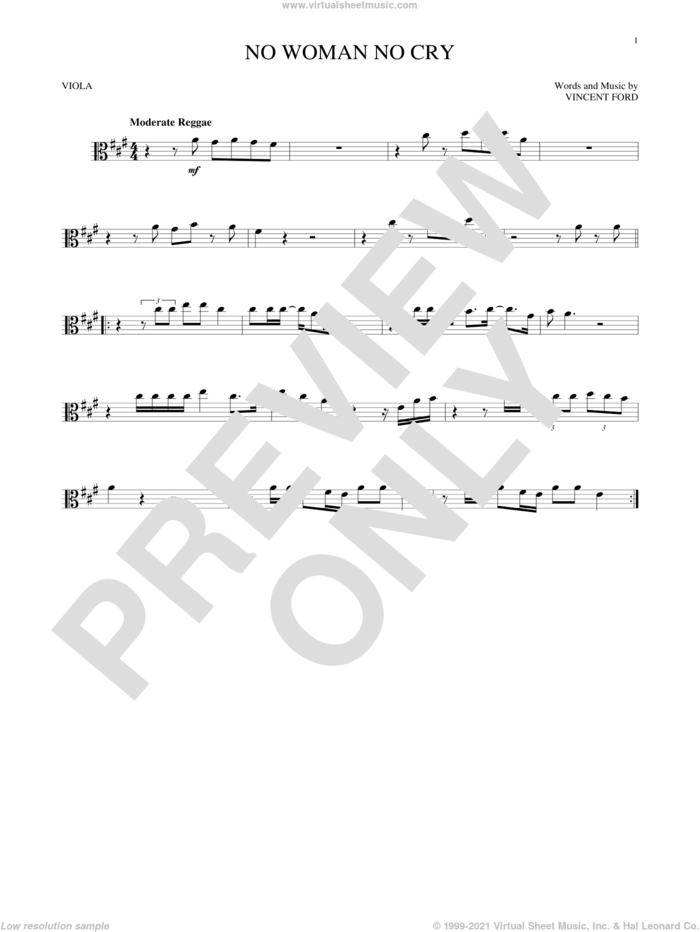 No Woman No Cry sheet music for viola solo by Bob Marley and Vincent Ford, intermediate skill level