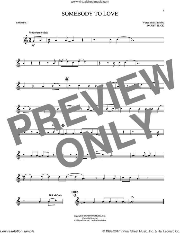 Somebody To Love sheet music for trumpet solo by Jefferson Airplane and Darby Slick, intermediate skill level