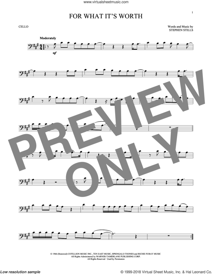 For What It's Worth sheet music for cello solo by Buffalo Springfield and Stephen Stills, intermediate skill level