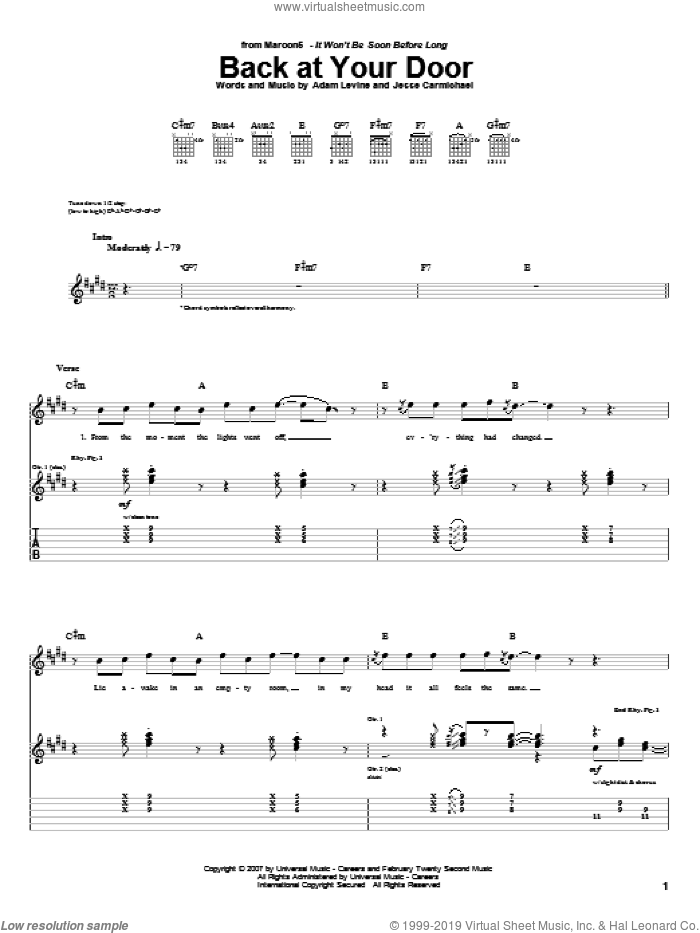 Back At Your Door sheet music for guitar (tablature) by Maroon 5, Adam Levine and Jesse Carmichael, intermediate skill level
