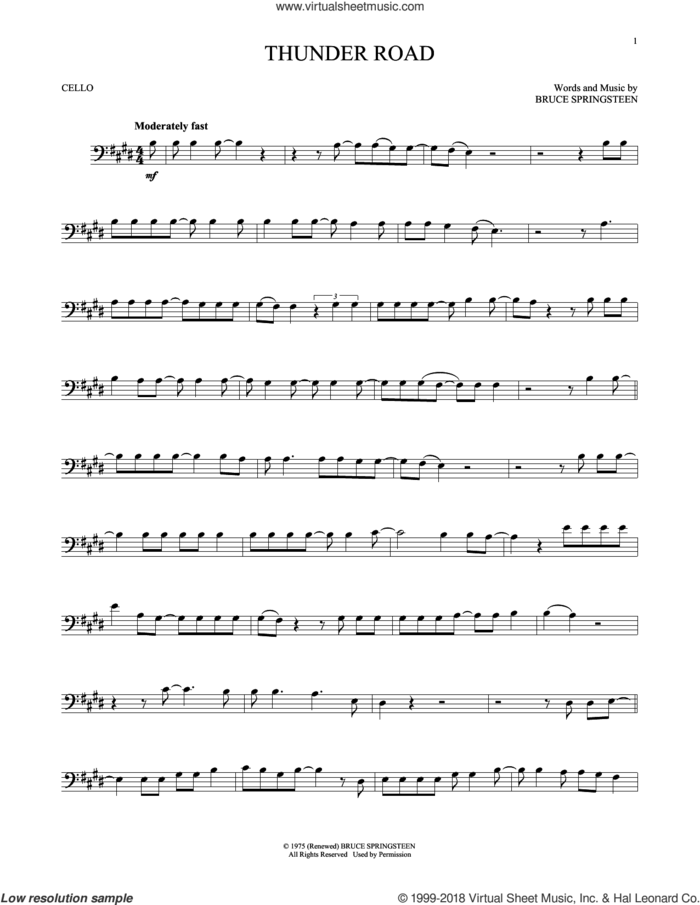 Thunder Road sheet music for cello solo by Bruce Springsteen, intermediate skill level