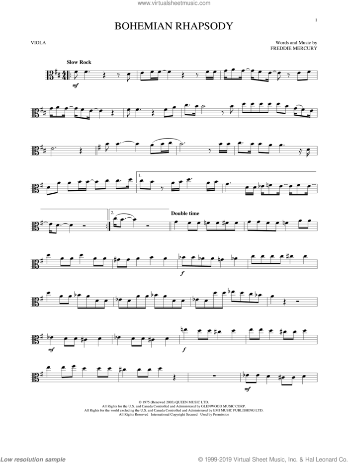 Bohemian Rhapsody sheet music for viola solo by Queen and Freddie Mercury, intermediate skill level