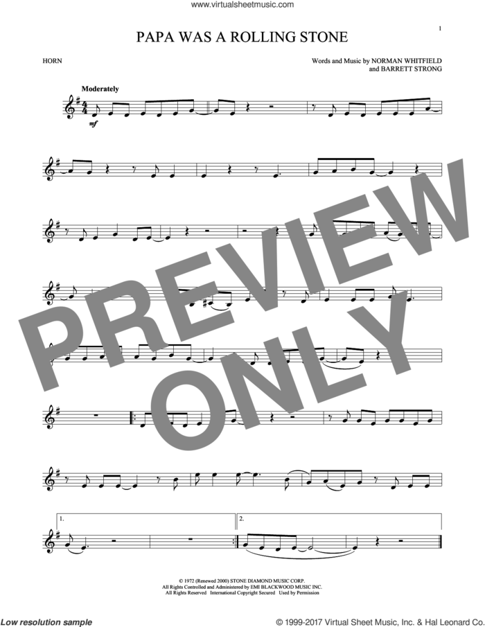 Papa Was A Rollin' Stone sheet music for horn solo by The Temptations, Barrett Strong and Norman Whitfield, intermediate skill level
