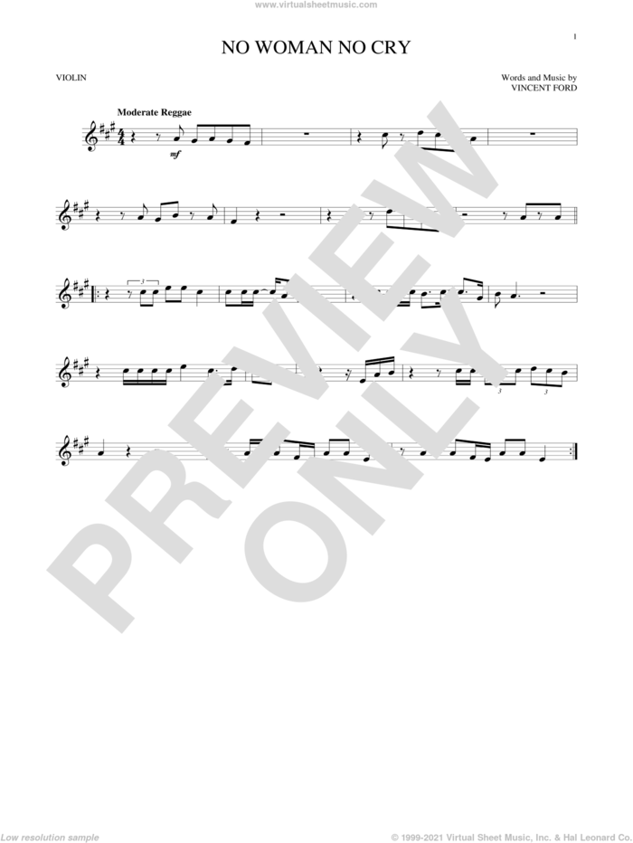 No Woman No Cry sheet music for violin solo by Bob Marley and Vincent Ford, intermediate skill level