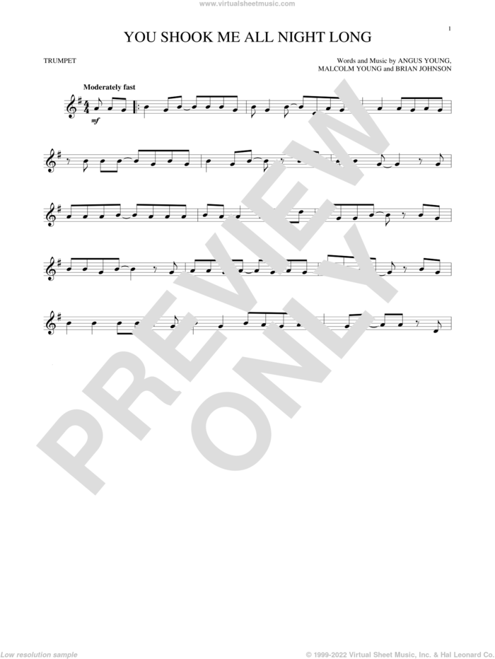 You Shook Me All Night Long sheet music for trumpet solo by AC/DC, Angus Young, Brian Johnson and Malcolm Young, intermediate skill level