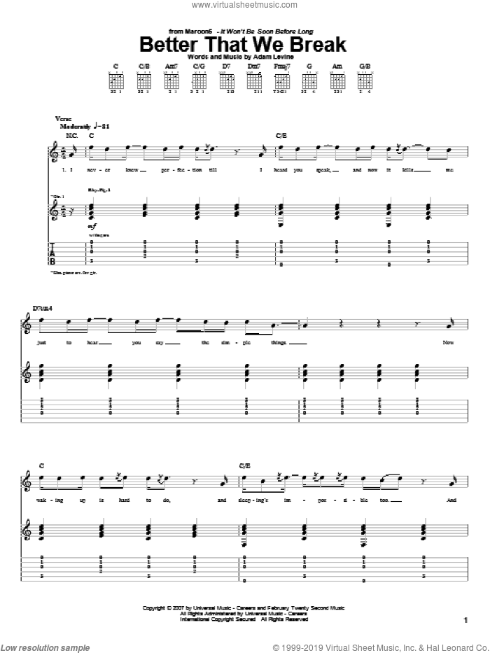 Better That We Break sheet music for guitar (tablature) by Maroon 5 and Adam Levine, intermediate skill level