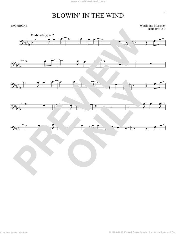 Blowin' In The Wind sheet music for trombone solo by Bob Dylan, intermediate skill level
