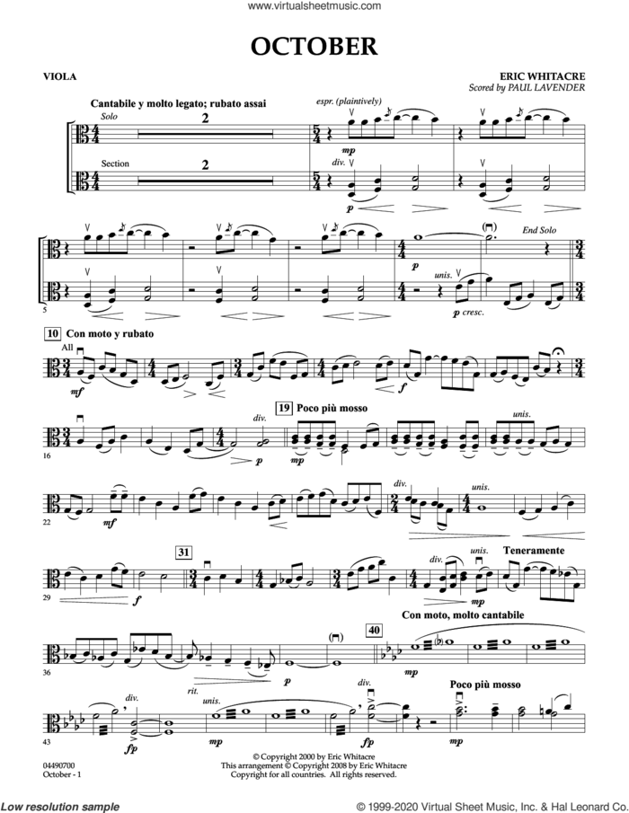 October sheet music for orchestra (viola, arr. paul lavender) by Eric Whitacre and Paul Lavender, intermediate skill level