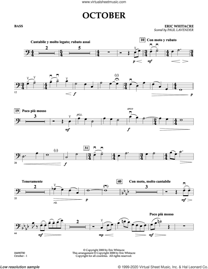October sheet music for orchestra (bass, arr. paul lavender) by Eric Whitacre and Paul Lavender, intermediate skill level