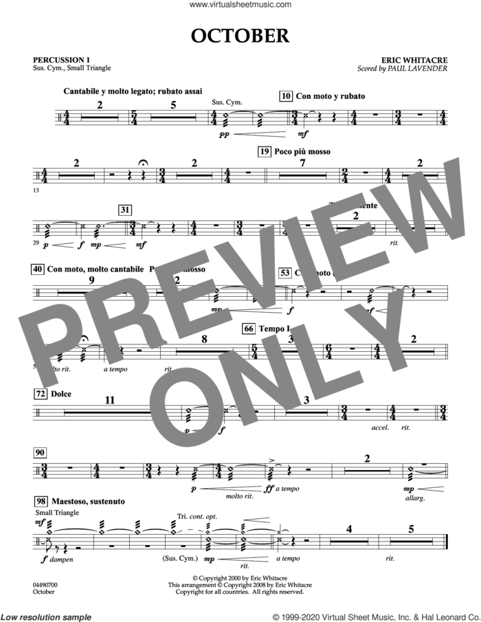 October sheet music for orchestra (percussion 1, arr. paul lavender) by Eric Whitacre and Paul Lavender, intermediate skill level