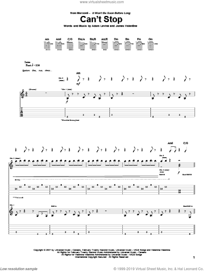 Can't Stop sheet music for guitar (tablature) by Maroon 5, Adam Levine and James Valentine, intermediate skill level