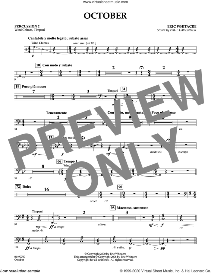 October sheet music for orchestra (percussion 2, arr. paul lavender) by Eric Whitacre and Paul Lavender, intermediate skill level