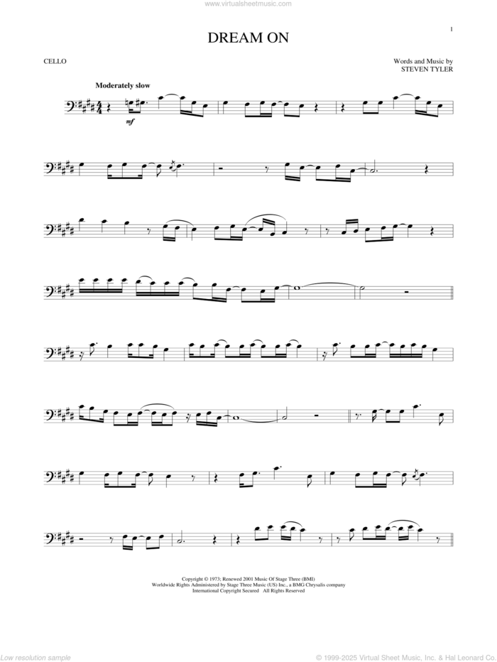 Dream On sheet music for cello solo by Aerosmith and Steven Tyler, intermediate skill level