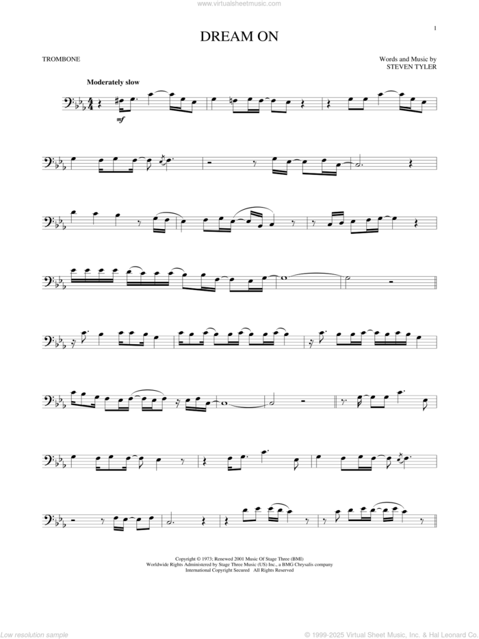 Dream On sheet music for trombone solo by Aerosmith and Steven Tyler, intermediate skill level