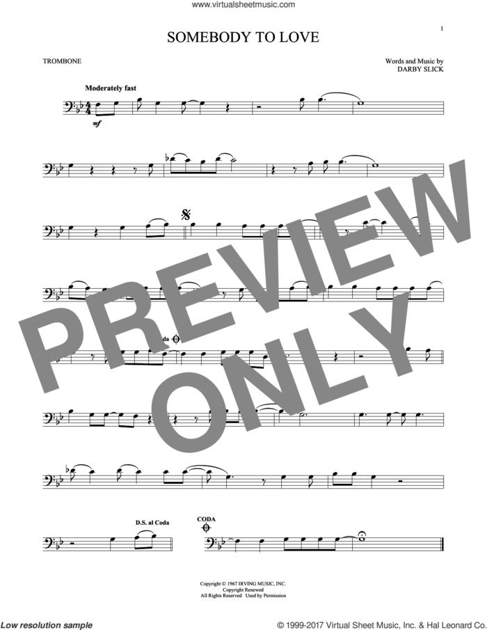 Somebody To Love sheet music for trombone solo by Jefferson Airplane and Darby Slick, intermediate skill level
