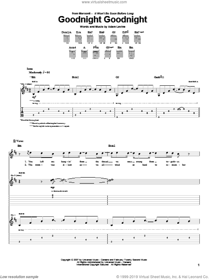 Goodnight Goodnight sheet music for guitar (tablature) by Maroon 5 and Adam Levine, intermediate skill level