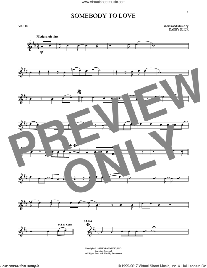 Somebody To Love sheet music for violin solo by Jefferson Airplane and Darby Slick, intermediate skill level