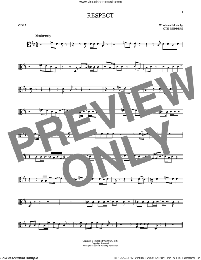 Respect sheet music for viola solo by Aretha Franklin and Otis Redding, intermediate skill level