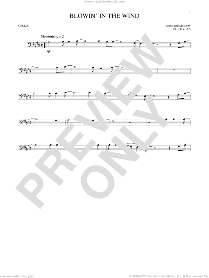 Blowin' In The Wind sheet music for cello solo by Bob Dylan, intermediate skill level