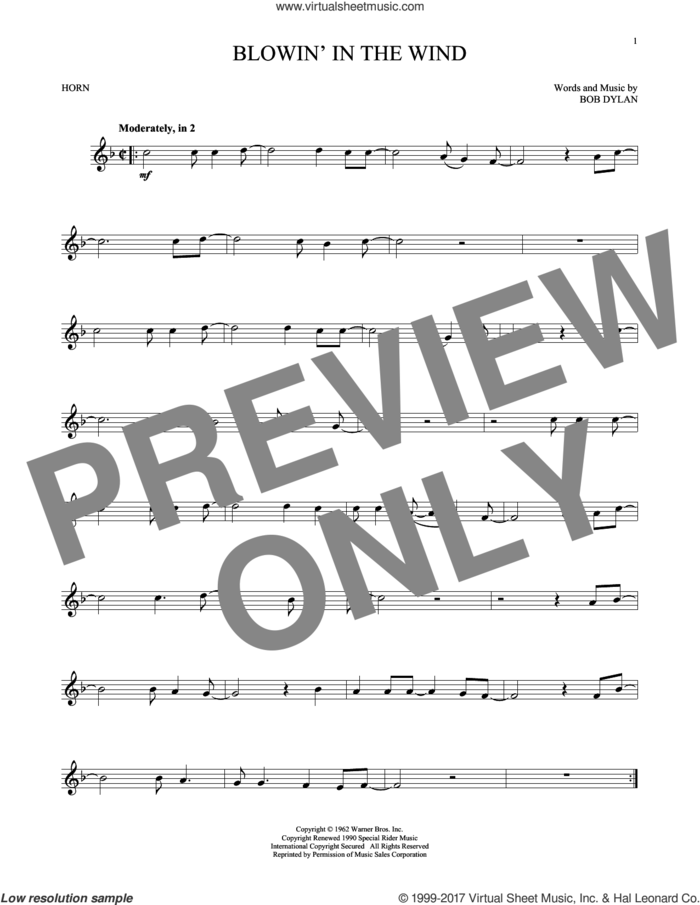 Blowin' In The Wind sheet music for horn solo by Bob Dylan, intermediate skill level