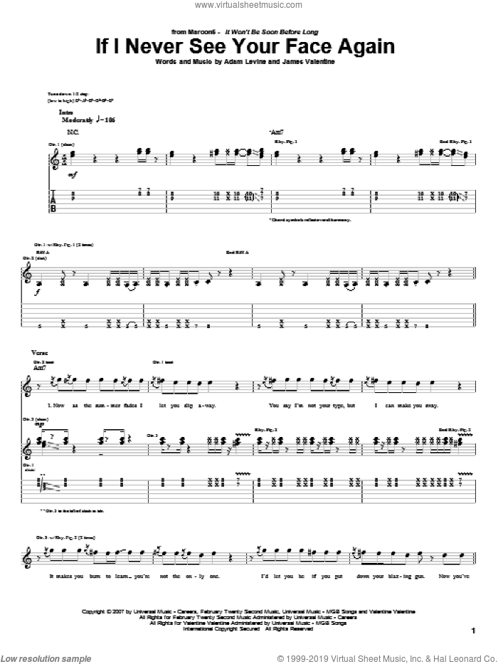 If I Never See Your Face Again sheet music for guitar (tablature) by Maroon 5, Adam Levine and James Valentine, intermediate skill level