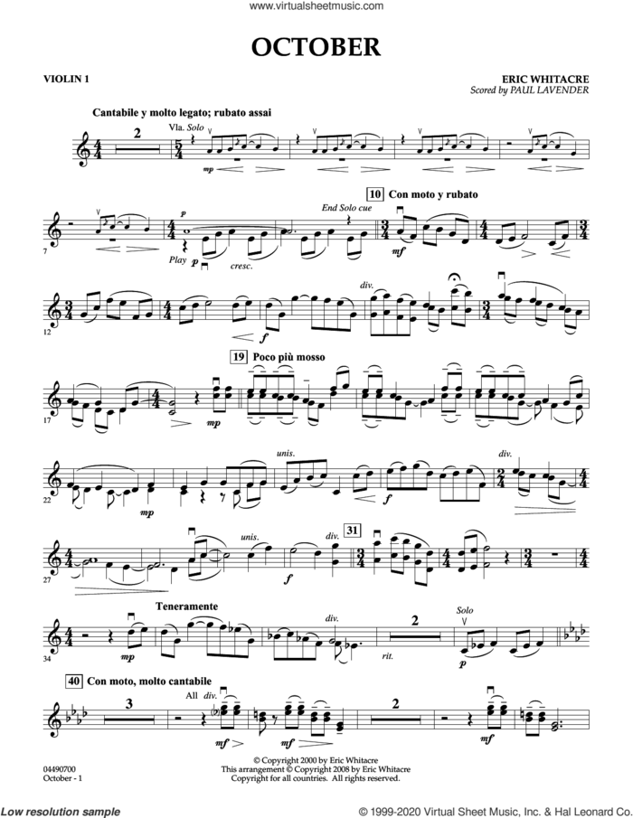October sheet music for orchestra (violin 1, arr. paul lavender) by Eric Whitacre and Paul Lavender, intermediate skill level