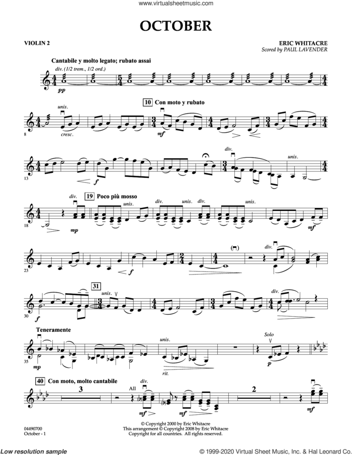 October sheet music for orchestra (violin 2, arr. paul lavender) by Eric Whitacre and Paul Lavender, intermediate skill level