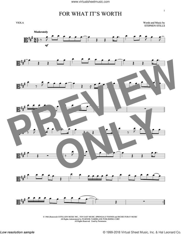 For What It's Worth sheet music for viola solo by Buffalo Springfield and Stephen Stills, intermediate skill level