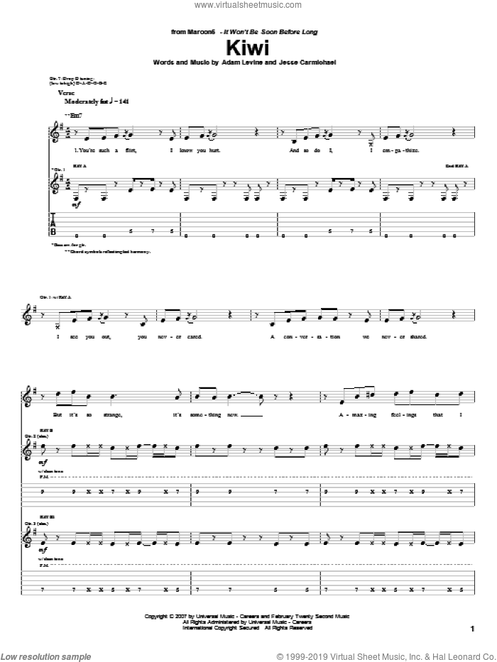 Kiwi sheet music for guitar (tablature) by Maroon 5, Adam Levine and Jesse Carmichael, intermediate skill level