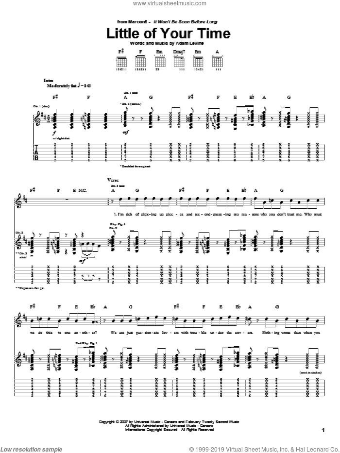 Little Of Your Time sheet music for guitar (tablature) by Maroon 5 and Adam Levine, intermediate skill level