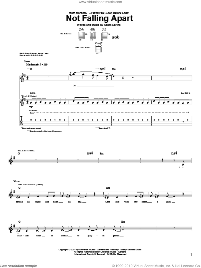 Not Falling Apart sheet music for guitar (tablature) by Maroon 5 and Adam Levine, intermediate skill level