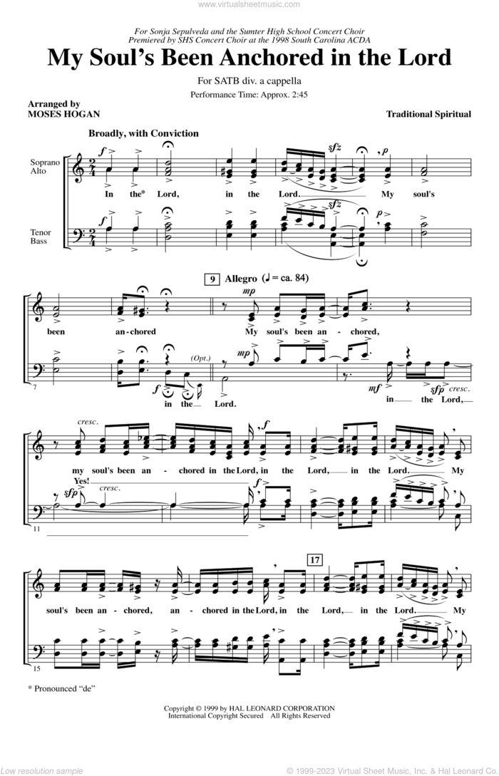 My Soul's Been Anchored In De Lord sheet music for choir (SATB: soprano, alto, tenor, bass) by Moses Hogan and Miscellaneous, intermediate skill level