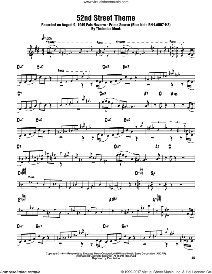 52nd Street Theme sheet music for tenor saxophone solo (transcription) by Sonny Rollins and Thelonious Monk, intermediate tenor saxophone (transcription)