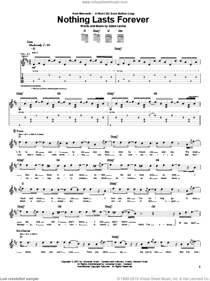 Nothing Lasts Forever sheet music for guitar (tablature) by Maroon 5 and Adam Levine, intermediate skill level