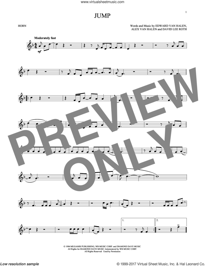 Jump sheet music for horn solo by Edward Van Halen, Alex Van Halen and David Lee Roth, intermediate skill level