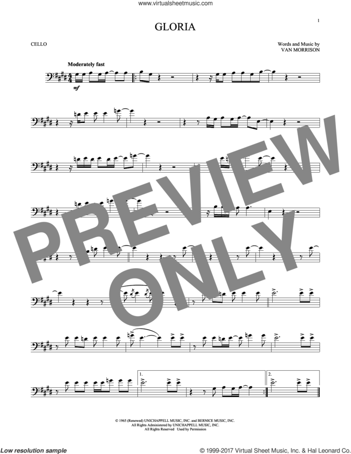 Gloria sheet music for cello solo by Van Morrison, intermediate skill level
