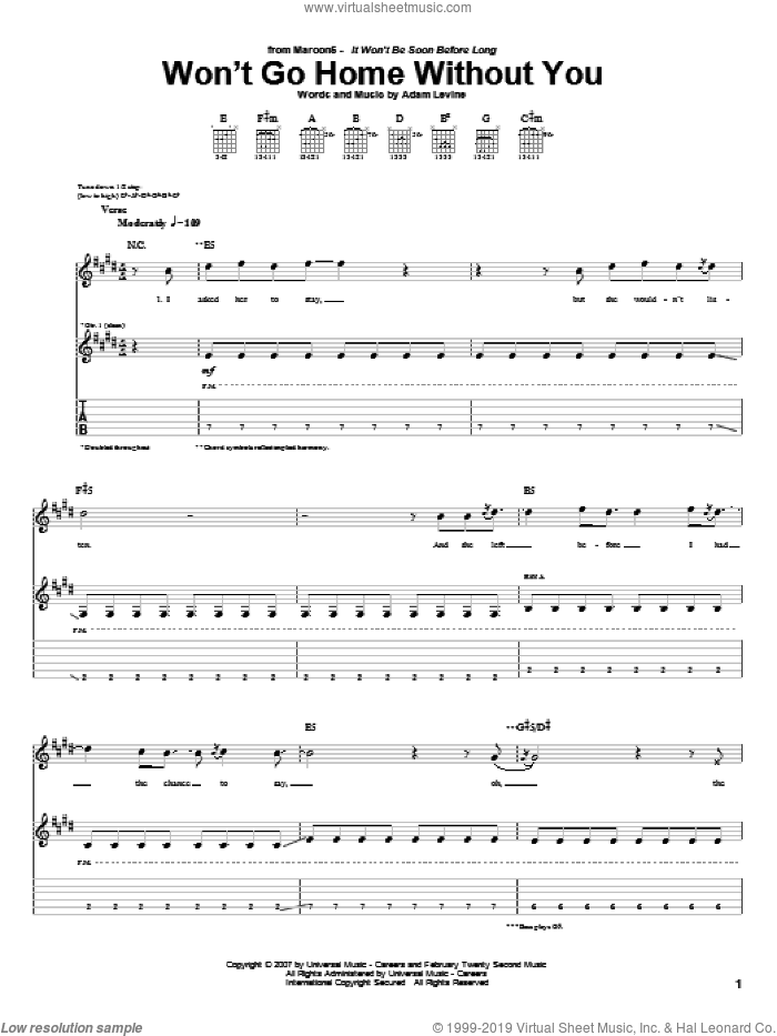 Won't Go Home Without You sheet music for guitar (tablature) by Maroon 5 and Adam Levine, intermediate skill level
