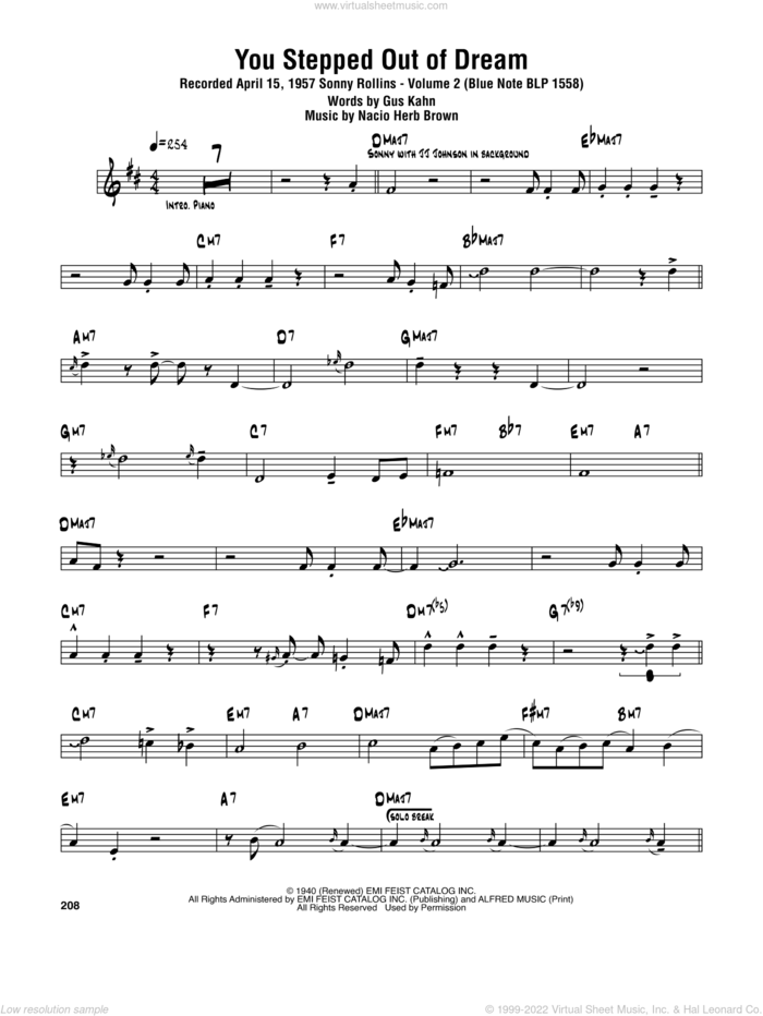 You Stepped Out Of A Dream sheet music for tenor saxophone solo (transcription) by Sonny Rollins, Gus Kahn and Nacio Herb Brown, intermediate tenor saxophone (transcription)